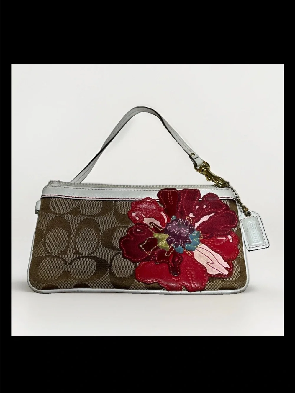 Coach Poppy Wristlet, Floral Appliqué Signature Canvas, White Leather Trim Brass